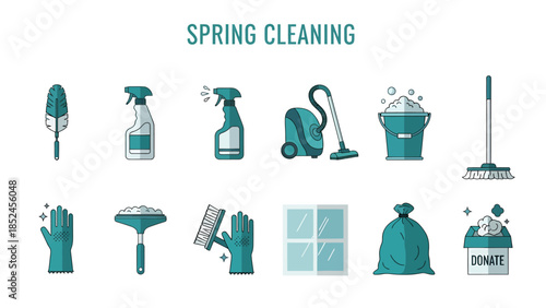 Collection of teal and white spring cleaning tool icons arranged in two rows