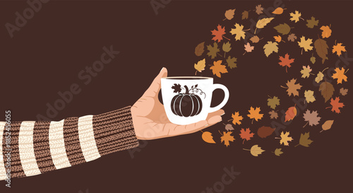 Hand in a cozy sweater holding a pumpkin-themed mug with a magical swirl of autumn leaves flowing out against a brown background.