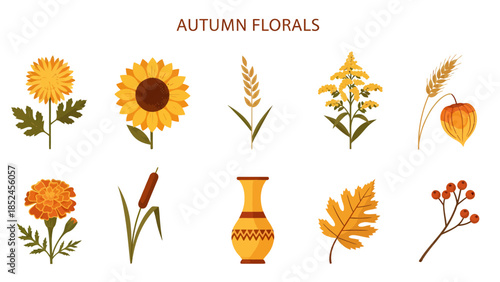 Collection of ten autumn floral elements and a vase illustration