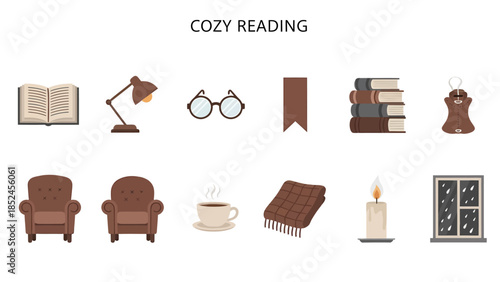 Collection of ten brown and beige illustrated objects related to reading comfort set against a white background