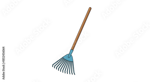 A simple cartoon illustration of a blue leaf rake with a long wooden handle used for gardening and yard cleanup isolated on a white background.