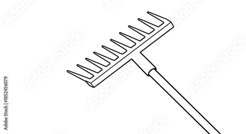 Black and white line art illustration of a garden bow rake head with a handle for soil cultivation and landscaping tasks isolated on a white background.