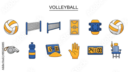 Collection of ten cartoon icons related to the sport of volleyball