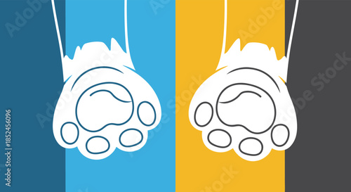 Cute illustration of two white cat paws with outlined pads hanging over a colorful striped background of blue yellow and gray for pet-themed designs.