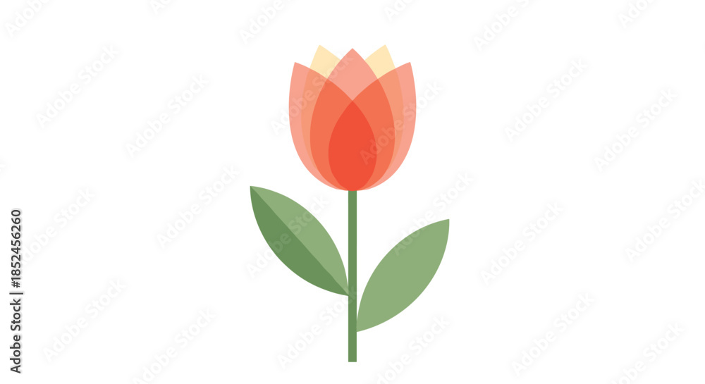 Obraz premium A simple and elegant geometric illustration of a single red tulip with overlapping transparent petals and green leaves isolated on a white background.