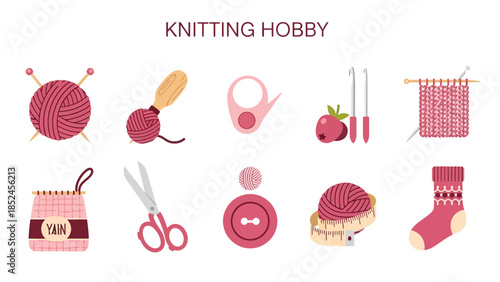 Collection of ten pink and white knitting and yarn craft tools and items