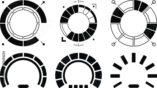 circular chart icons with segmented black data sections, vector illustration