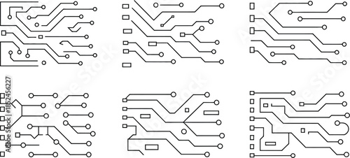 circuit board grid designs with straight lines and square elements, vector illustration