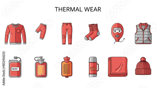 Collection of ten red and grey icons representing thermal wear and heating items