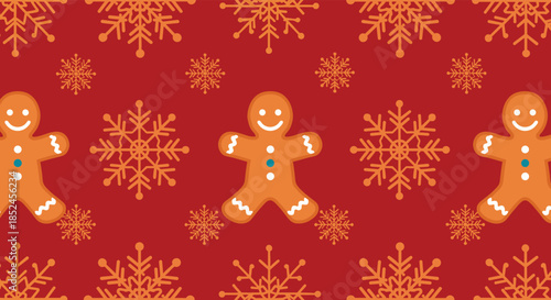 A festive and seamless Christmas pattern featuring cute gingerbread men and orange snowflakes on a vibrant red background for holiday gift wrap or textiles.