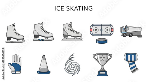 Collection of white and gray ice skating equipment rink Zamboni and accessories