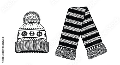 A detailed black and white line art illustration of a cozy knitted winter hat with a pom-pom and a matching striped scarf on a white background.