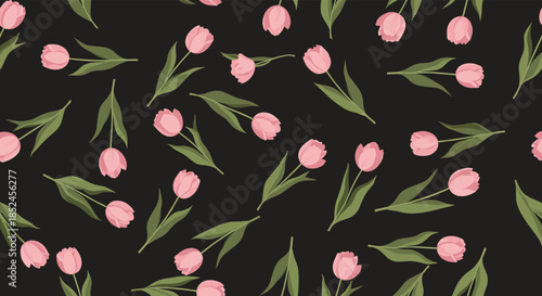 Seamless pattern of scattered pink tulips with green leaves on a dark background, perfect for spring-themed designs and textiles.