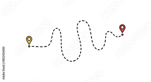 A simple vector illustration of a dotted line route between a starting yellow map pin and a final red destination marker on a white background.