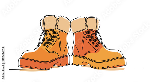 Continuous one-line drawing of a pair of warm winter hiking boots with fur trim and a cozy orange color fill isolated on a white background.