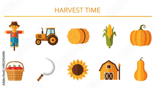 Flatstyle icons illustrating various harvesttime farm elements against a white background