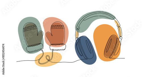 A modern abstract illustration using continuous line art of winter mittens and headphones with muted color shapes creating a cozy and stylish concept.