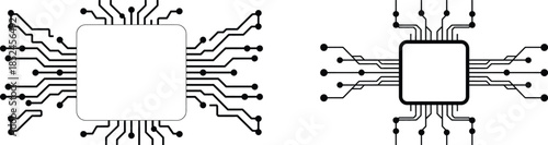 circuit board chip icons with dot patterns and electronic lines, vector illustration