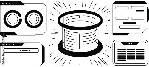 database storage illustration with camera computer and mobile device icons, vector illustration