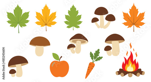 A cute collection of autumn and forest-themed flat icons including colorful leaves mushrooms a campfire and harvest foods on a white background.