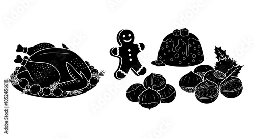 Traditional Holiday Feast Set Featuring Roast Turkey Gingerbread Man Pudding And Seasonal Chestnuts For Winter Celebrations