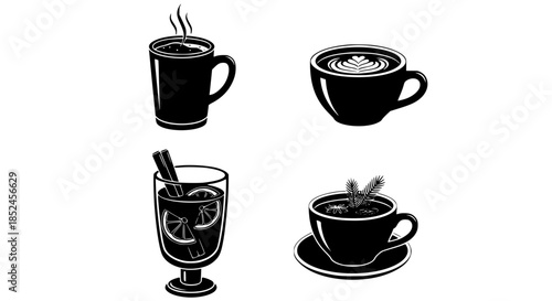 Premium Beverage Set Featuring Latte Art Steaming Coffee Herbal Tea And Spiced Cinnamon Citrus Winter Drink