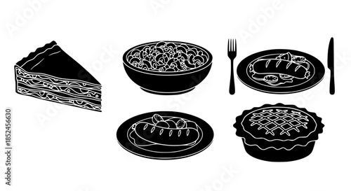 Delicious Culinary Set Featuring Savory Sausage Hearty Stew Star Topped Pie And Layered Cake Slice