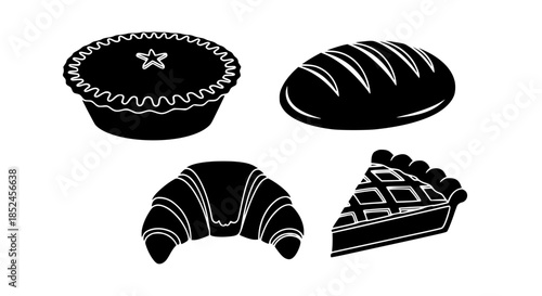 Artisan Bakery Set Featuring Fresh Bread Loaf Golden Croissant Star Topped Pie And Delicious Cake Slice