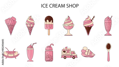 Pink and white illustrated ice cream shop treats and vehicle on white background