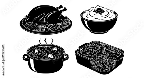 Delicious Holiday Feast Set Featuring Roast Turkey Stew And Savory Side Dishes For Your Seasonal Celebration