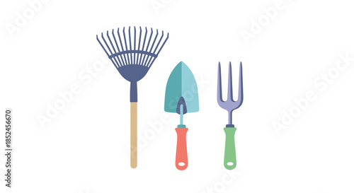 Collection of essential gardening tools including a blue fan rake a turquoise trowel and a small purple garden fork for planting.