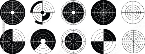 circular data visualization charts with segmented lines and sections, vector illustration