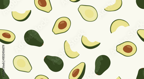 Vibrant and fresh seamless avocado pattern featuring whole, halved, and sliced avocados on a clean, light background.