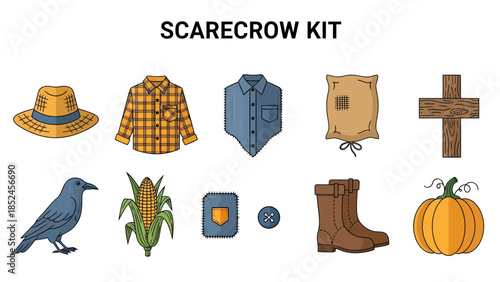 Scarecrow kit illustration featuring ten farmrelated clothing body parts and props