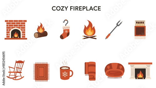 Set of ten red and brown cozy fireplacerelated icons arranged in two rows