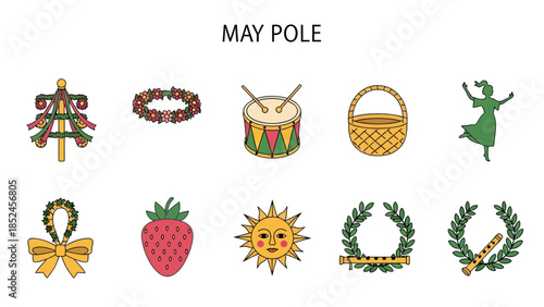 Ten colorful stylized icons related to May Pole festivities arranged in two rows