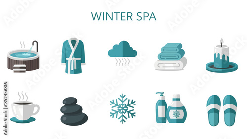 Ten flat icons representing winter spa items set against a white background