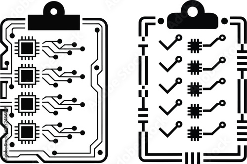 circuit board checklist icon with digital lines and task indicators, vector illustration