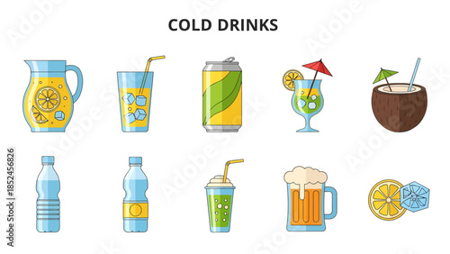 Ten distinct illustrations of cold beverages including lemonade soda cocktails and water bottles