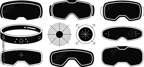 virtual reality goggles illustration with control icons targets and interface elements, vector illustration