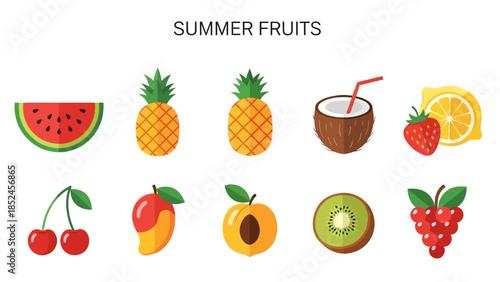 Ten flatdesign summer fruits and drinks arranged in two rows under a heading