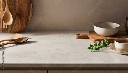 Minimalist modern kitchen counter with wooden utensils and fresh herbs