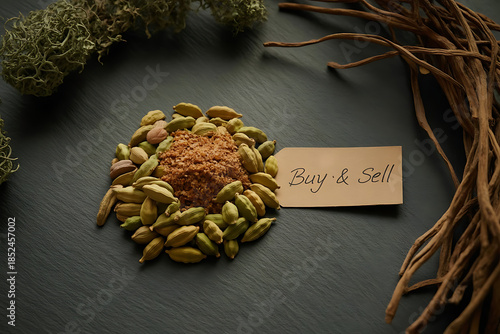 Aromatic spice blend with cardamom, cinnamon, star anise, nutmeg, and cloves on a dark background