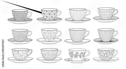 A set of twelve unique line art teacups and matching saucers, each with intricate and diverse decorative patterns, in a black and white outline style.
