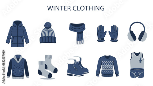 Vector illustration of ten blue and gray winter clothing items on a white background