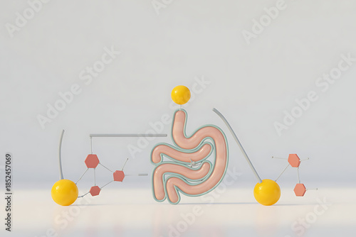Abstract representation of the human stomach and its molecular connections, isolated on white background