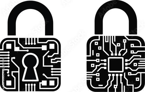 circuit board padlock illustration with keyhole centered security design, vector illustration