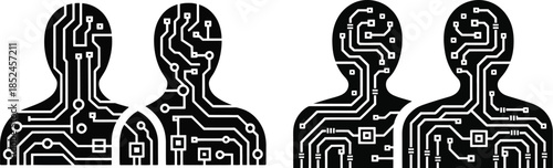 circuit board human figure illustrations formed with white electronic lines, vector illustration