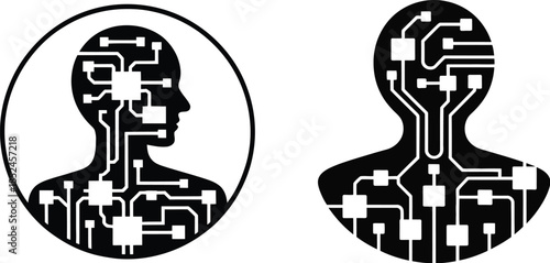 circuit board human head illustration showing profile and front view with electronic pathways, vector illustration