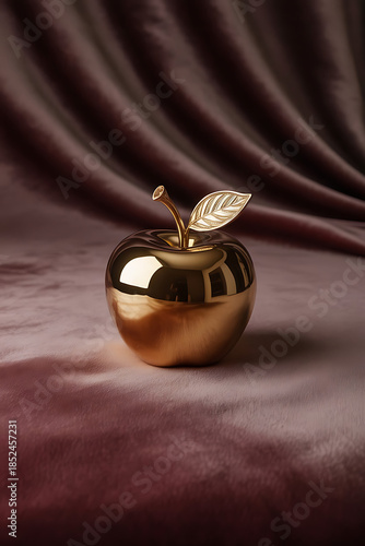 A single golden apple with a leaf and stem sits on a luxurious velvet fabric background